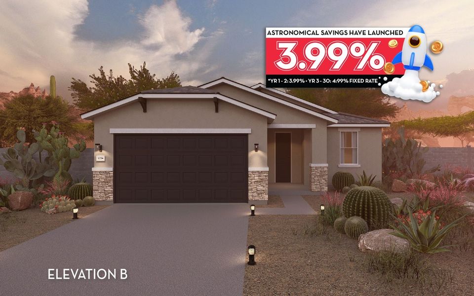 Front exterior of a new home in Rancho Santa Rosa, Maricopa, AZ, highlighting curb appeal (Image 1).
