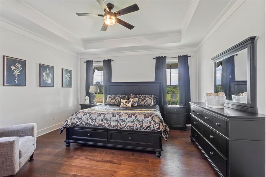 Elegant bedroom retreat featuring rich hardwood flooring, tray ceiling detail, elevated trim work, and serene acreage views—offering a refined blend of comfort, privacy, and timeless country luxury.