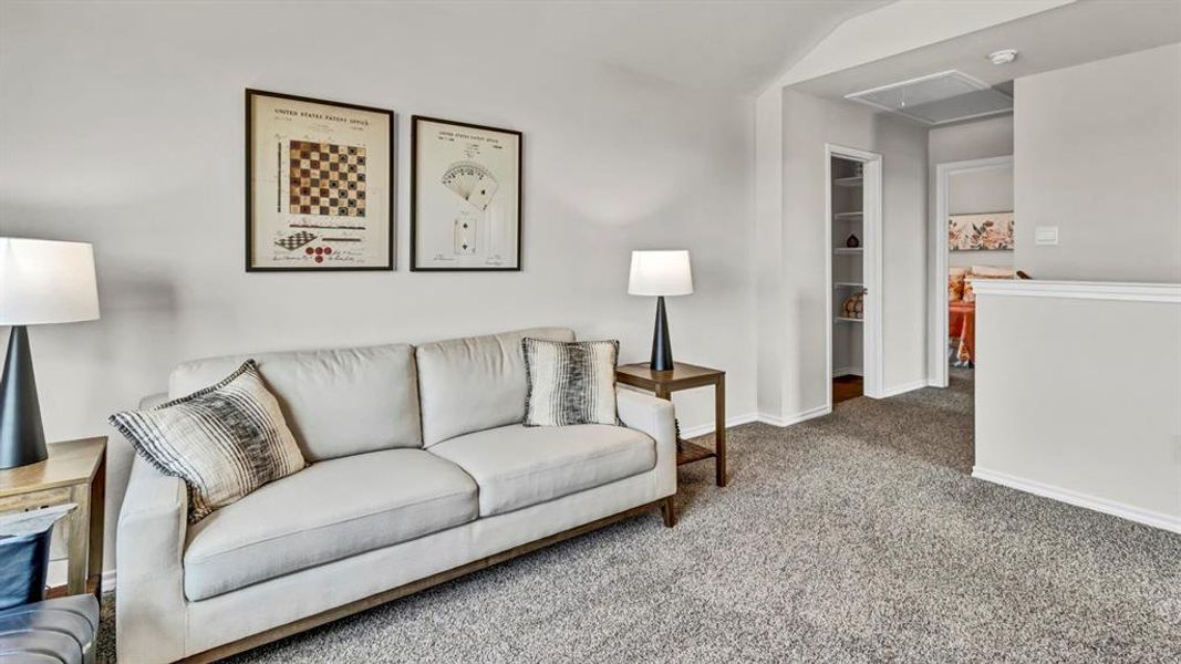 Carpeted bonus room featuring light gray walls and a built-in storage closet Carpeted bonus room featuring light gray walls and a built-in storage closet