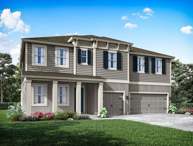 Representative exterior photo of a completed home built from the Jupiter by William Ryan Homes in Tamarack at Two Rivers, Zephyrhills, FL (Image 2). Representative exterior photo of a completed home built from the Jupiter by William Ryan Homes in Tamarack at Two Rivers, Zephyrhills, FL (Image 2).