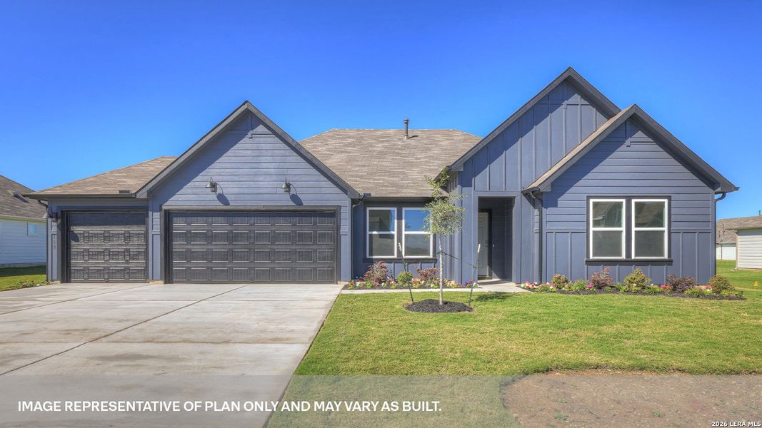 Front exterior of a new home in Hartland Ranch, Lockhart, TX, highlighting curb appeal (Image 1). Front exterior of a new home in Hartland Ranch, Lockhart, TX, highlighting curb appeal (Image 1).