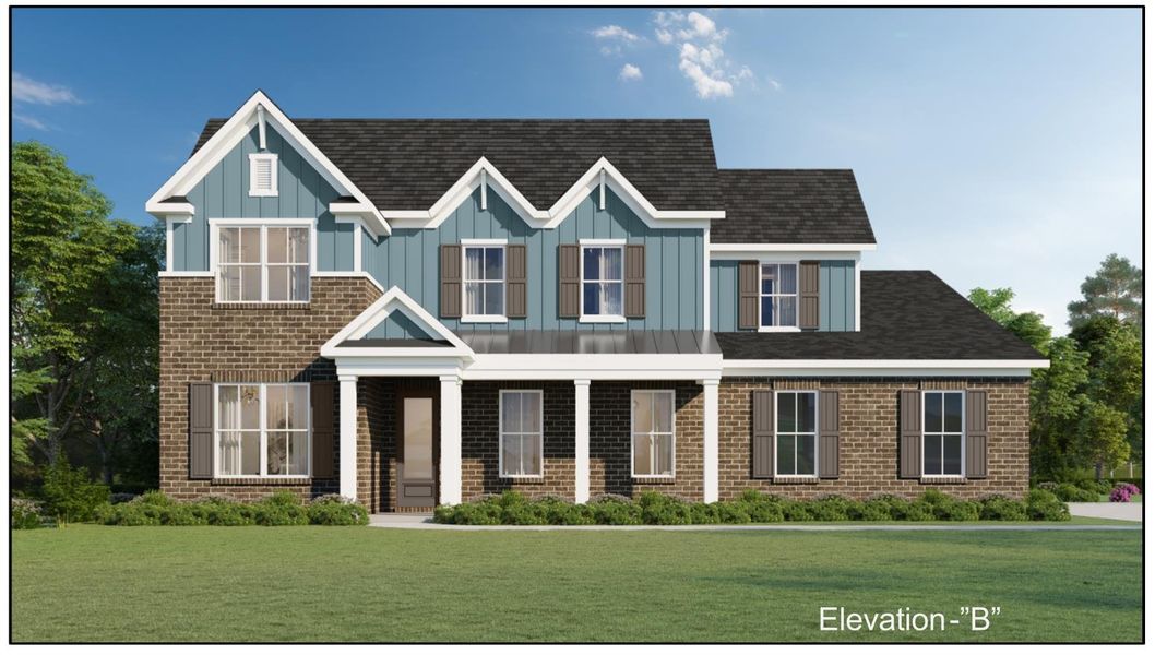 Two-story residence featuring a brick facade with blue siding accents Two-story residence featuring a brick facade with blue siding accents