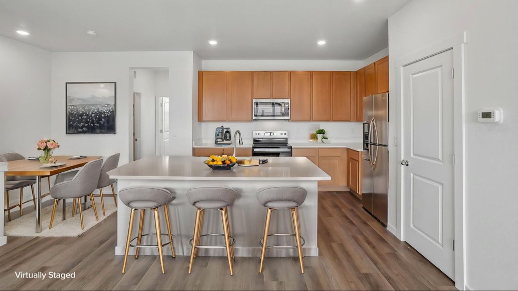 Virtually stage kitchen with cabinetry, countertops, island, and modern finishes. Virtually stage kitchen with cabinetry, countertops, island, and modern finishes.