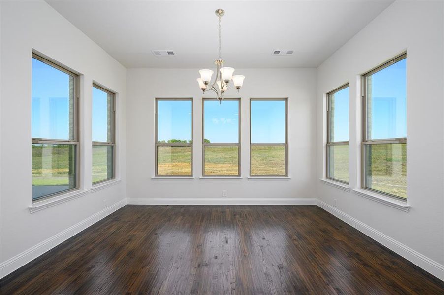 Unfurnished dining area with dark hardwood / wood-style floors and a healthy amount of sunlight