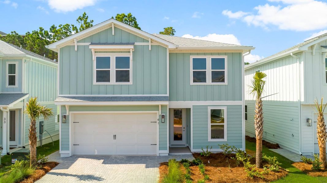 Front exterior of a new home in Parkside, Santa Rosa Beach, FL, highlighting curb appeal (Image 1). Front exterior of a new home in Parkside, Santa Rosa Beach, FL, highlighting curb appeal (Image 1).