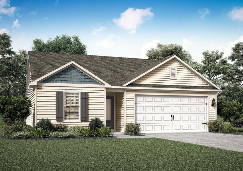 Single-story Macon elevation with shutters and landscaping.