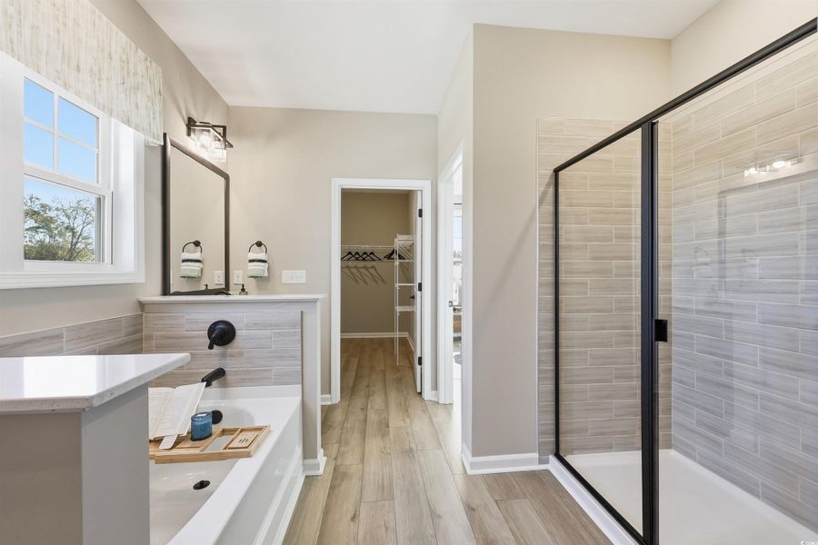 Bathroom featuring a walk in closet, a stall shower, light wood-style floors, a bath, and vanity