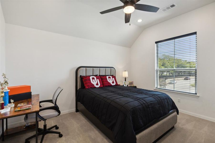 Carpeted bedroom with lofted ceiling and ceiling fan