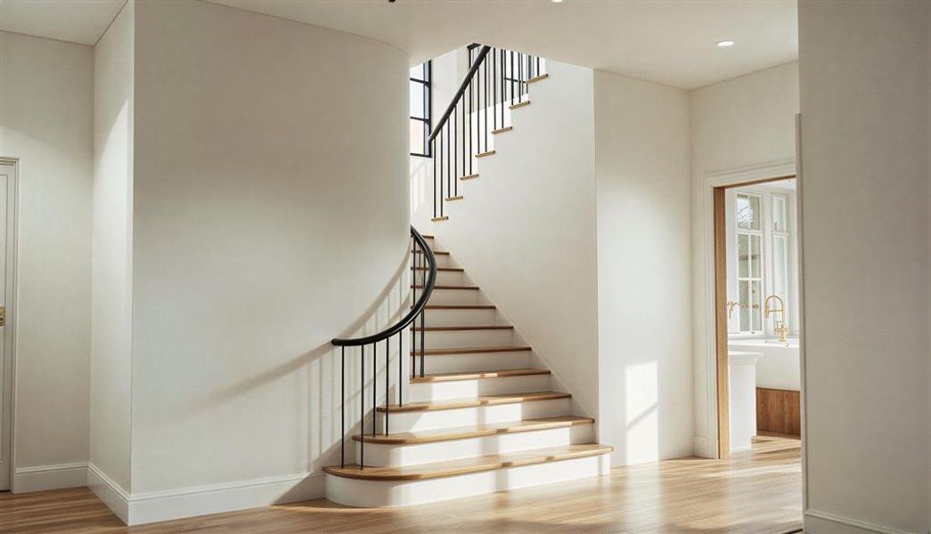 Rendering: Elegant staircase with black iron railing