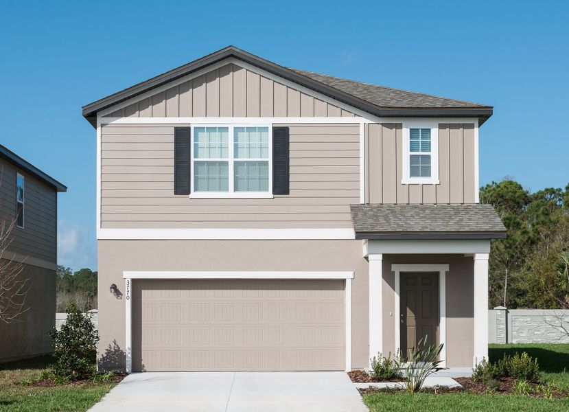 Representative exterior photo of a completed home built from the Voyager by Starlight Homes in Oakfield Lakes, Parrish, FL (Image 1). Representative exterior photo of a completed home built from the Voyager by Starlight Homes in Oakfield Lakes, Parrish, FL (Image 1).