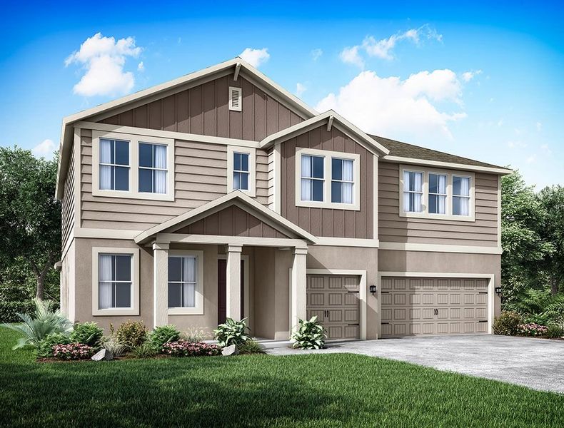 Representative exterior photo of a completed home built from the Jupiter by William Ryan Homes in Tamarack at Two Rivers, Zephyrhills, FL (Image 11). Representative exterior photo of a completed home built from the Jupiter by William Ryan Homes in Tamarack at Two Rivers, Zephyrhills, FL (Image 11).
