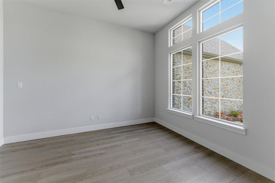 Spacious room featuring light wood-finish flooring and an abundance of natural light from multiple large windows