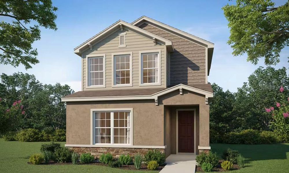 Front exterior of a new home in The Crossings - Bungalows, St. Cloud, FL, highlighting curb appeal (Image 1). Front exterior of a new home in The Crossings - Bungalows, St. Cloud, FL, highlighting curb appeal (Image 1).