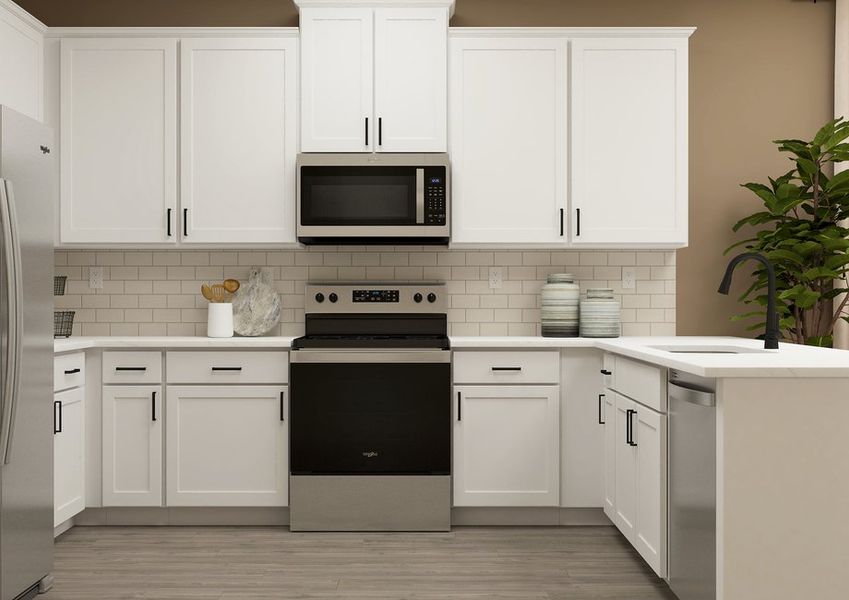 Rendering of a kitchen showing stainless-steel appliances and white cabinetry. Rendering of a kitchen showing stainless-steel appliances and white cabinetry.