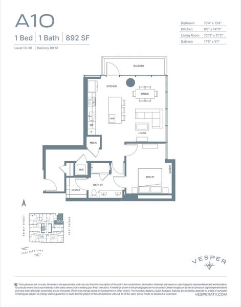 A10 floorplan features 1bed and 1bath