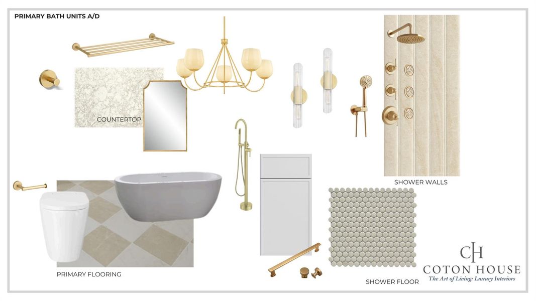 Unit A/D Primary Bath Selections. Exact selections possible to change due to availability or curated design.