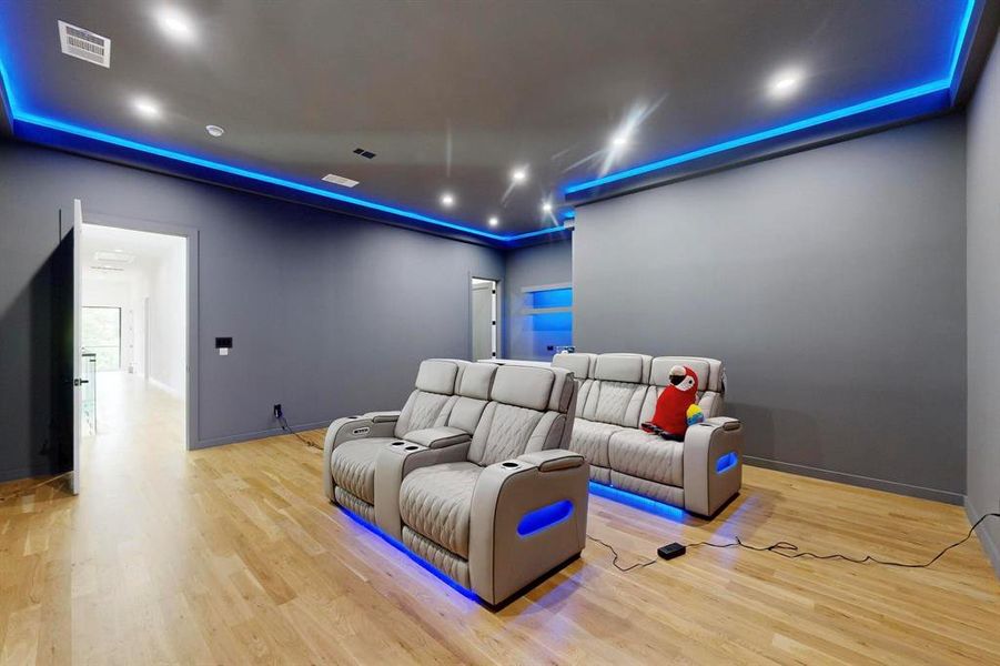Cinema with light wood-style floors and recessed lighting Cinema with light wood-style floors and recessed lighting