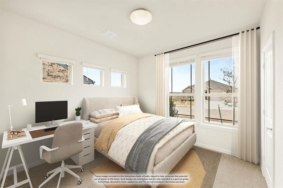 Bedroom with queen bed, white desk and chair, carpet flooring, and large windows with curtains Bedroom with queen bed, white desk and chair, carpet flooring, and large windows with curtains