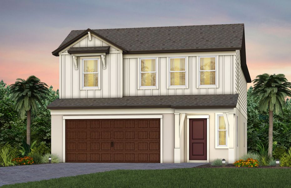 Front exterior of a new home in Vida's Way, Wesley Chapel, FL, highlighting curb appeal (Image 1). Front exterior of a new home in Vida's Way, Wesley Chapel, FL, highlighting curb appeal (Image 1).