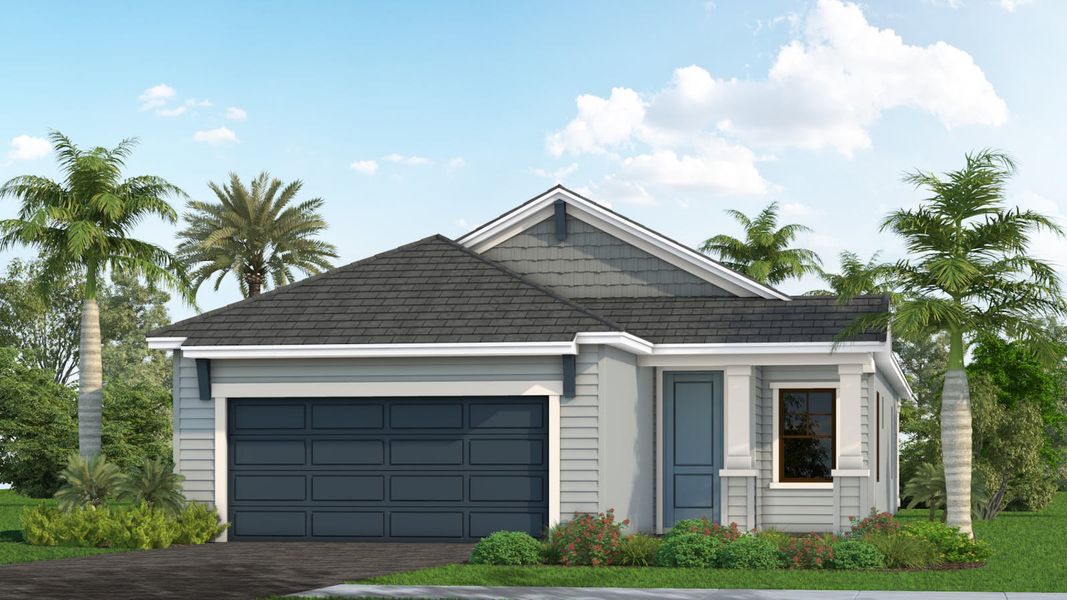 Front exterior of a new home in Palm Grove, Lakewood Ranch, FL, highlighting curb appeal (Image 16). Front exterior of a new home in Palm Grove, Lakewood Ranch, FL, highlighting curb appeal (Image 16).