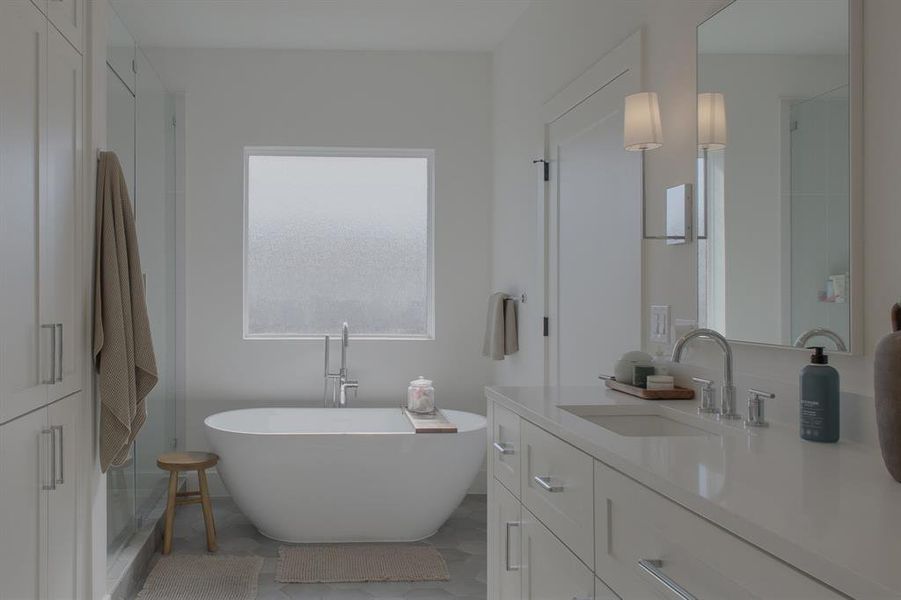 Bathroom with vanity and independent shower and bath