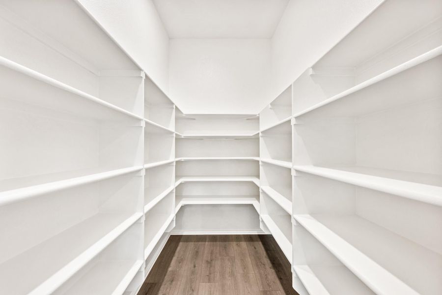 Walk-in pantry with white built-in shelves on three walls and wood-look flooring