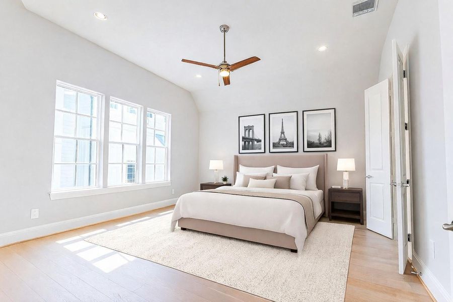 Virtually staged primary bedroom.