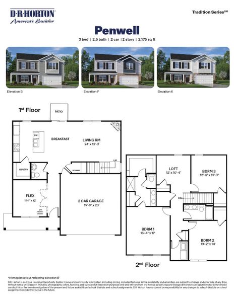 2D floor plan layout for the PENWELL by D.R. Horton in Bedford Place, Wilson, NC (Image 3).