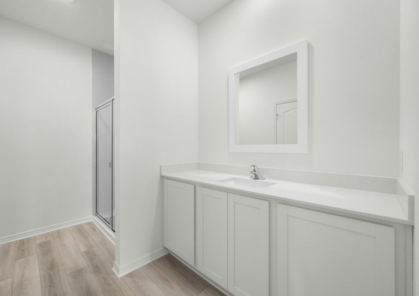 A step-in shower with tile detail in the master bathroom A step-in shower with tile detail in the master bathroom