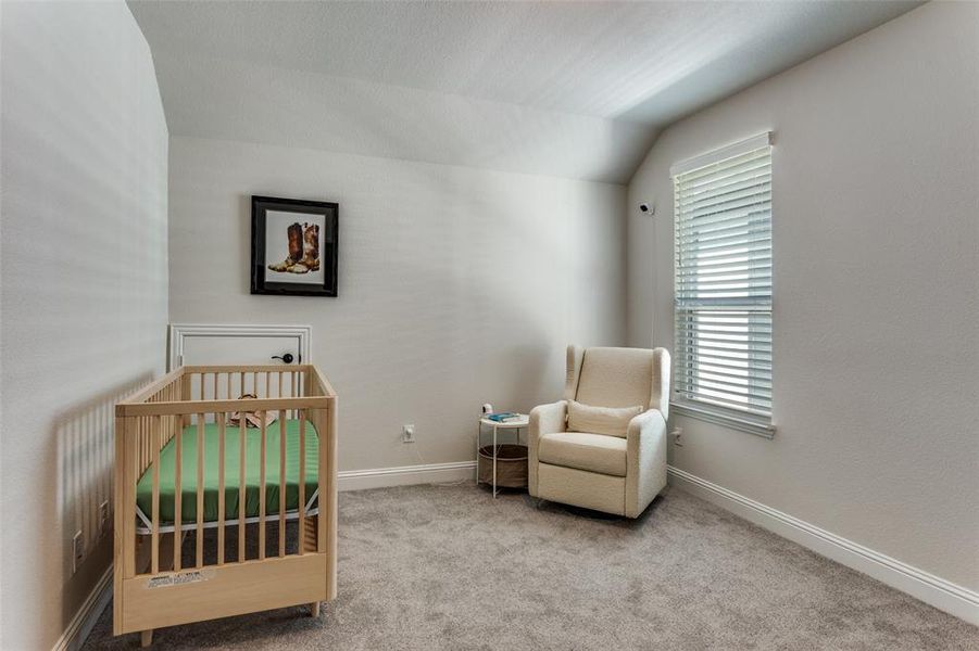 Carpeted bedroom featuring a nursery area and vaulted ceiling Carpeted bedroom featuring a nursery area and vaulted ceiling