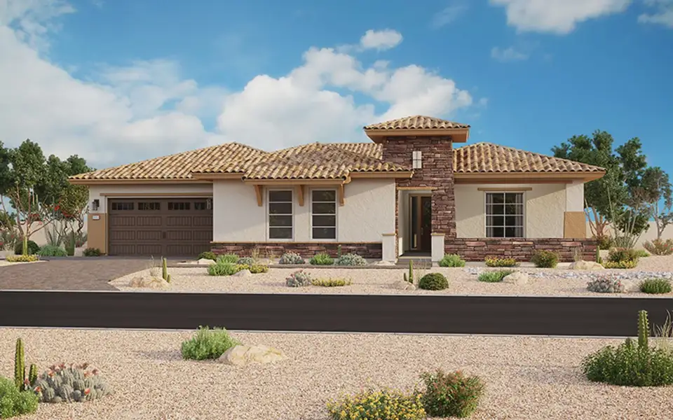 Front exterior of a new home in Bellero Estates, Queen Creek, AZ, highlighting curb appeal (Image 19).