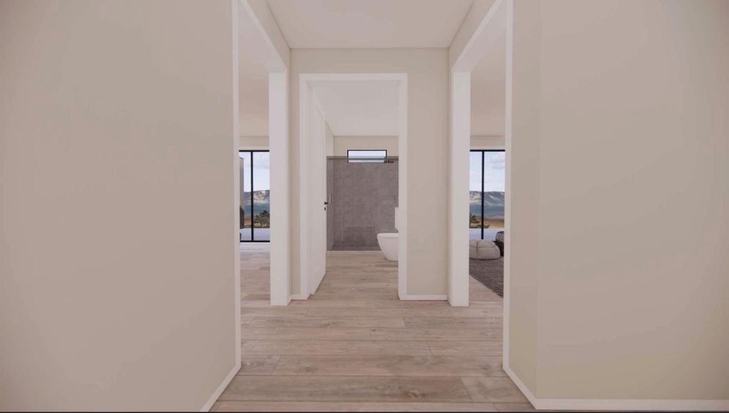 RENDERING - Hallway featuring light wood-style floors and baseboards