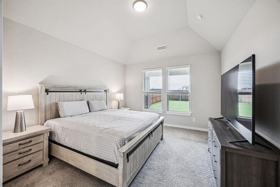 Carpeted bedroom featuring baseboards and lofted ceiling