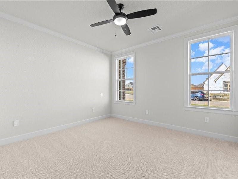 Spare room featuring ornamental molding, light colored carpet, and ceiling fan Spare room featuring ornamental molding, light colored carpet, and ceiling fan