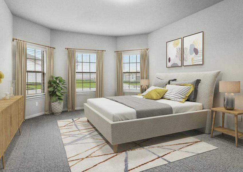 Bedroom with modern grey bed with grey and white beddings, house plant with white vase, and two pictures hanging on the wall