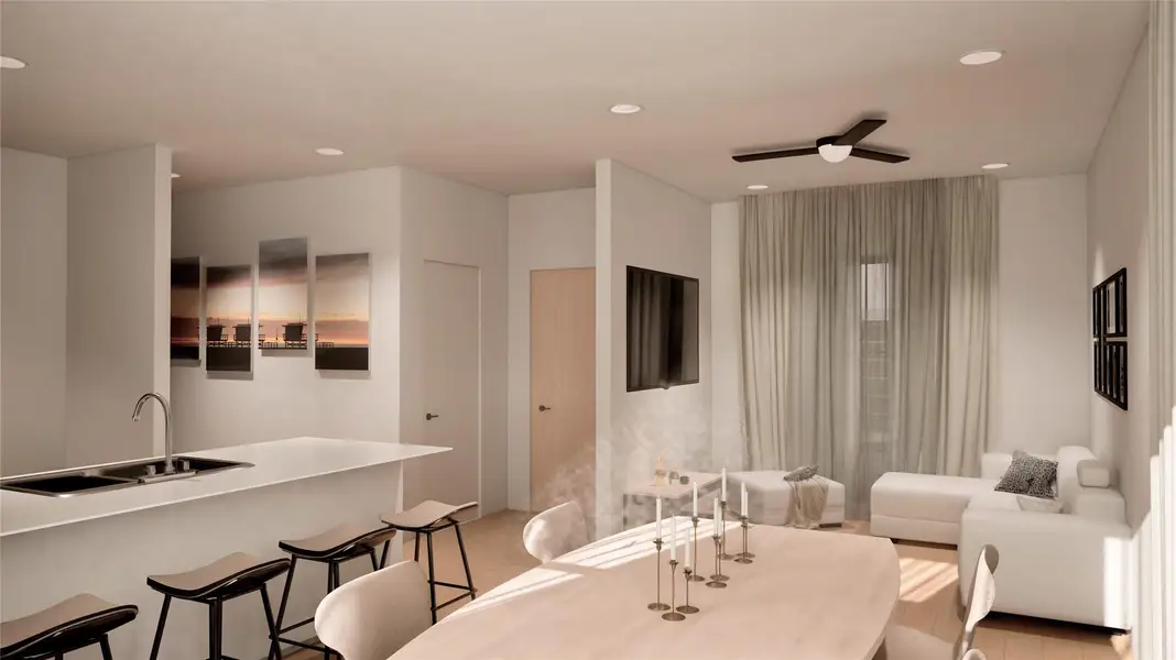 Dining space featuring recessed lighting, light wood-style floors, and a ceiling fan Dining space featuring recessed lighting, light wood-style floors, and a ceiling fan