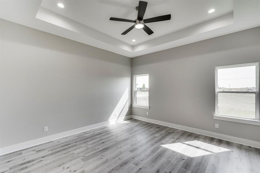 Unfurnished room featuring ceiling fan, light wood-type flooring, and a tray ceiling