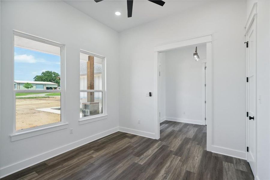 Office / Dining room featuring a ceiling fan, dark wood finished floors, and recessed lighting