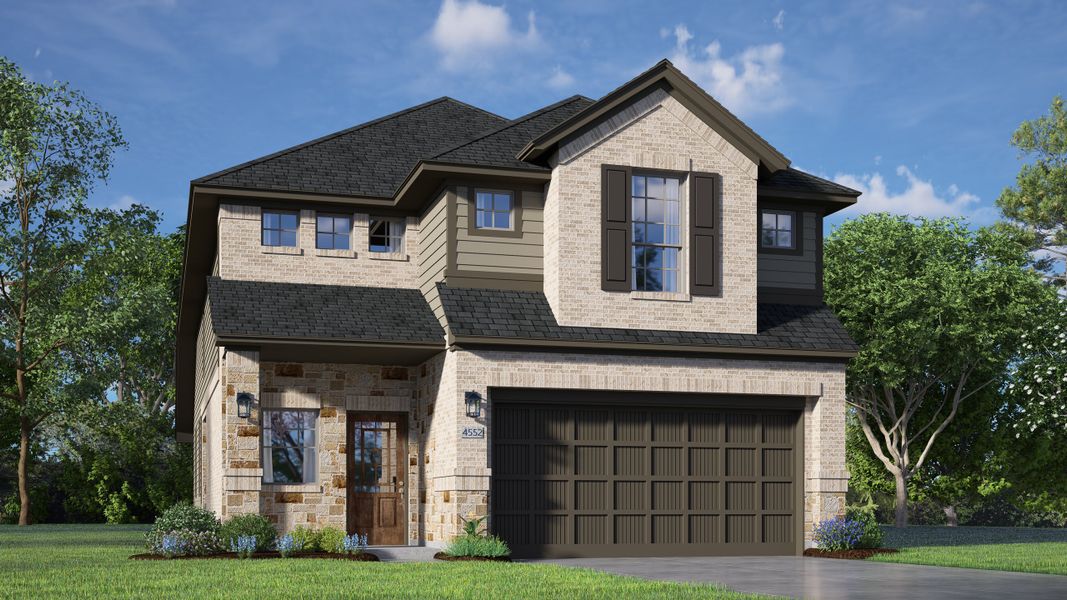 Front exterior of a new home in The Woodlands Hills, Willis, TX, highlighting curb appeal (Image 23).