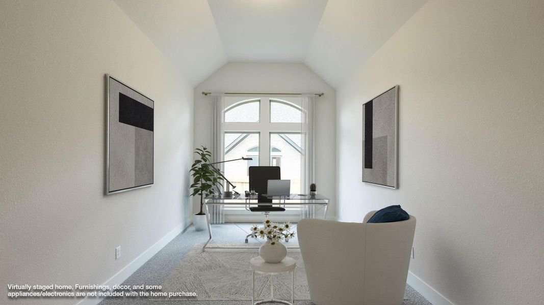Office featuring carpet floors, vaulted ceiling, and a textured wall Office featuring carpet floors, vaulted ceiling, and a textured wall
