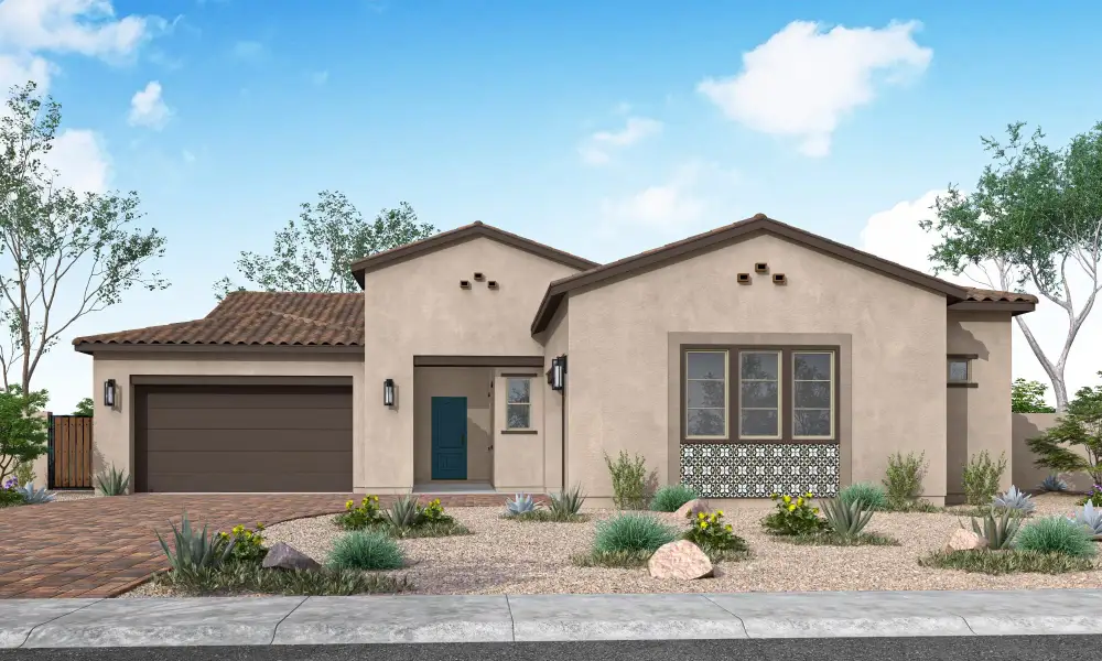 Front exterior of a new home in Abel Ranch, Goodyear, AZ, highlighting curb appeal (Image 1). Front exterior of a new home in Abel Ranch, Goodyear, AZ, highlighting curb appeal (Image 1).