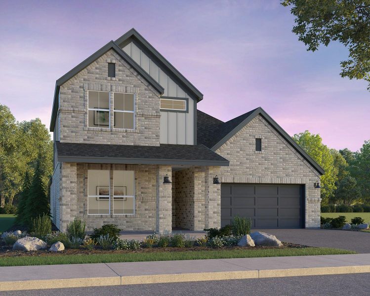 Front exterior of a new home in 50' Traditional Homes at Elyson, Katy, TX, highlighting curb appeal (Image 2). Front exterior of a new home in 50' Traditional Homes at Elyson, Katy, TX, highlighting curb appeal (Image 2).