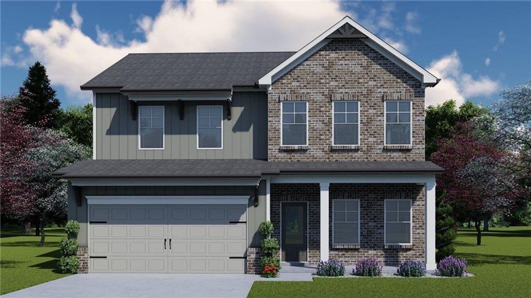 Front exterior of a new home in Ponderosa Farms Estates, Gainesville, GA, highlighting curb appeal (Image 2).