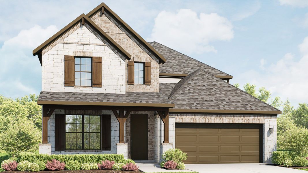 Representative exterior photo of a completed home built from the Elm by DRB Homes in Green Oaks Preserve, Arlington, TX (Image 5). Representative exterior photo of a completed home built from the Elm by DRB Homes in Green Oaks Preserve, Arlington, TX (Image 5).