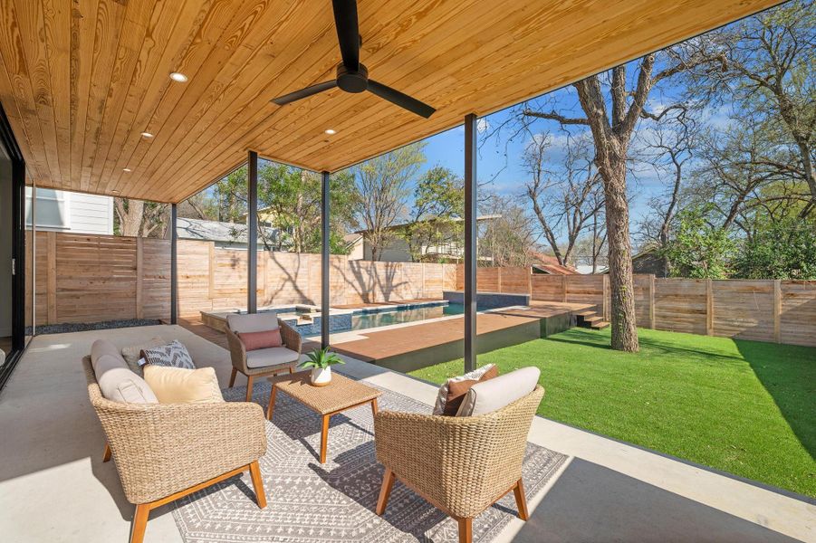 View of patio / terrace with an outdoor living space, a fenced backyard, a fenced in pool, and ceiling fan