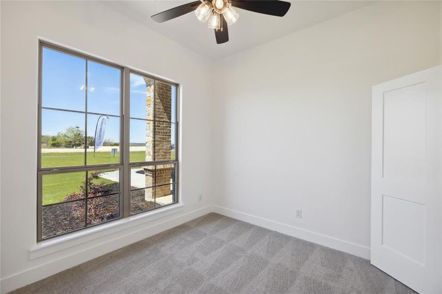 Empty room featuring a healthy amount of sunlight, carpet floors, and ceiling fan