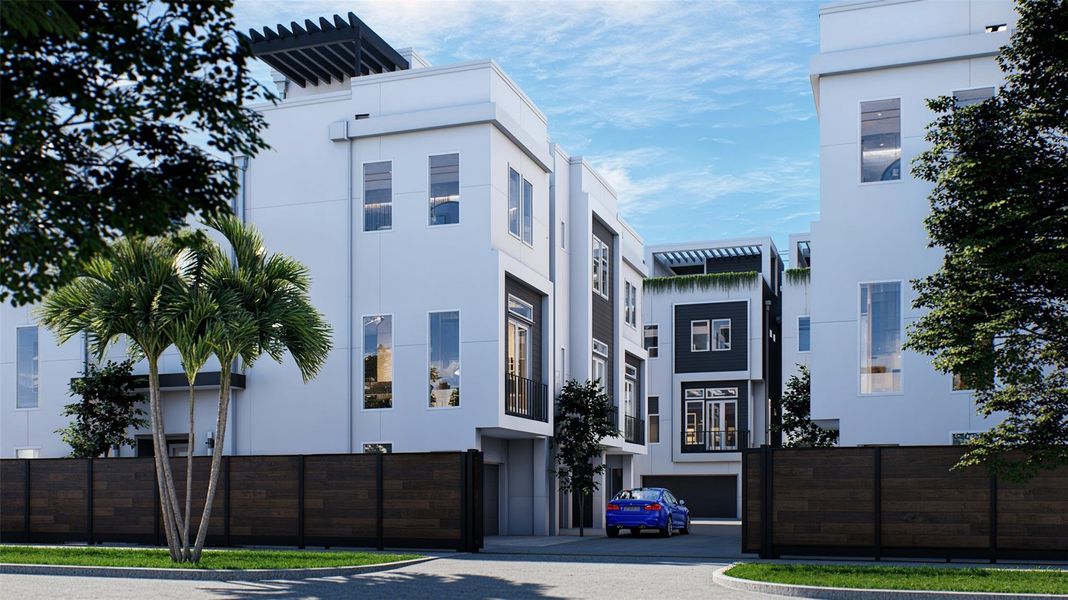 Galleria area townhomes with a sleek design, featuring large windows and a mix of white and gray exteriors. The gated entrance and surrounding greenery provide privacy and a touch of nature.