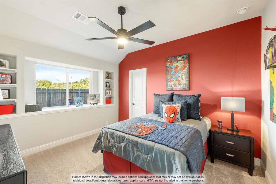 Children's bedroom with red accent wall, ceiling fan, built-in shelves, and carpet flooring Children's bedroom with red accent wall, ceiling fan, built-in shelves, and carpet flooring