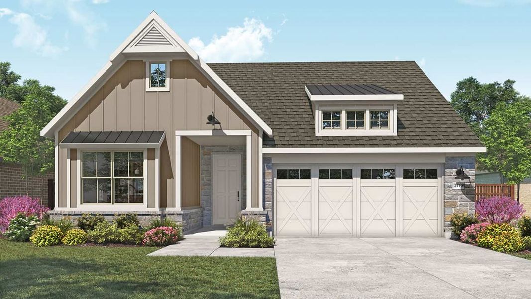 Representative exterior photo of a completed home built from the Juniper by DRB Homes in Sunfield, Buda, TX (Image 6).