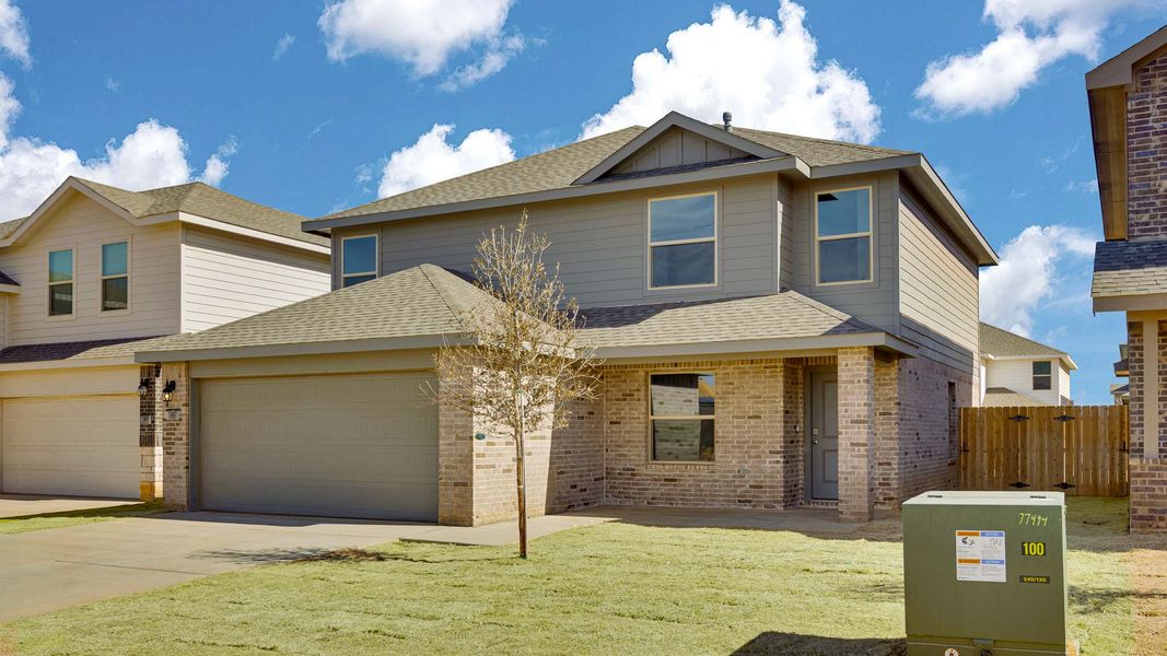 Front exterior of a new home in Overlook West, Wolfforth, TX, highlighting curb appeal (Image 17).